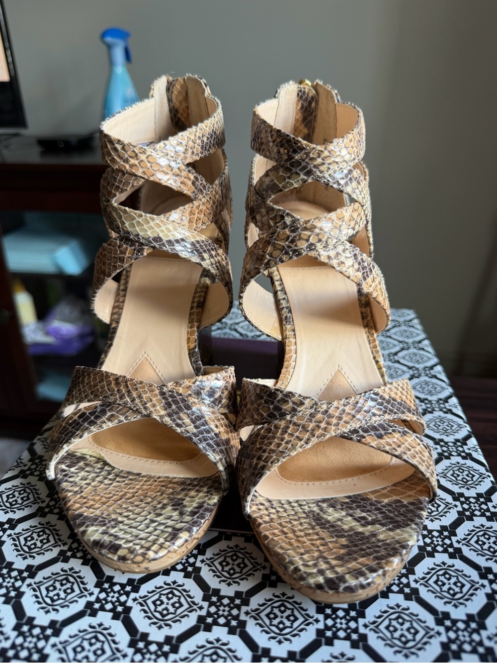 Isola NIB Womenβs Snakeskin Strappy High Heel Wedge Sandals - Brown - NWTs